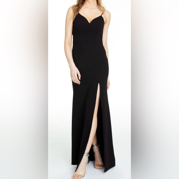 B Darlin Black Slitted Spaghetti Strap Sweetheart Full-Length Gown 13/14 - Picture 1 of 12